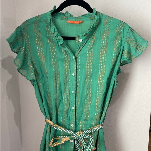 Oliphant green and gold 100% cotton button down maxi dress with pockets & sash - Picture 2 of 6